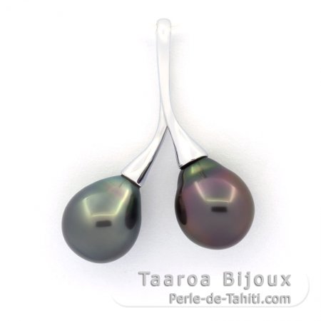 Rhodiated Sterling Silver Pendant and 2 Tahitian Pearls Semi-Baroque 1 A & 1 B 8.8 mm