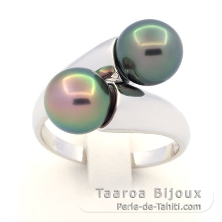 Rhodiated Sterling Silver Ring and 2 Tahitian Pearls Near-Rounds B 8.6 mm