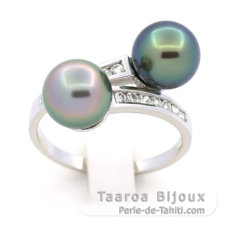 Rhodiated Sterling Silver Ring and 2 Tahitian Pearls Round C+ 8.5 mm