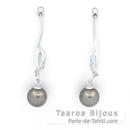 Rhodiated Sterling Silver Earrings and 2 Tahitian Pearls Round C 8.6 mm