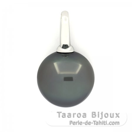 18K solid White Gold Pendant and 1 Tahitian Pearl Round B 14.1 mm