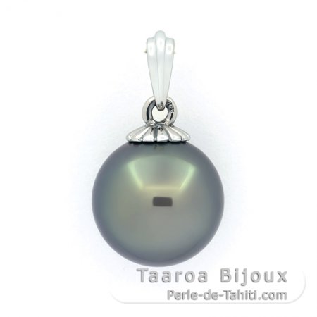 18K solid White Gold Pendant and 1 Tahitian Pearl Round B 12.4 mm