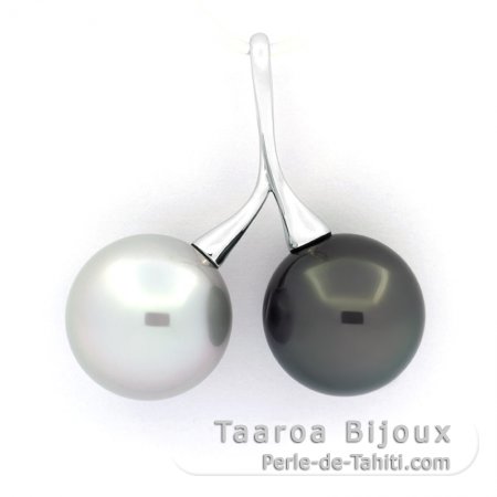 Rhodiated Sterling Silver Pendant and 2 Tahitian Pearls Round C 12.7 and 12.9 mm
