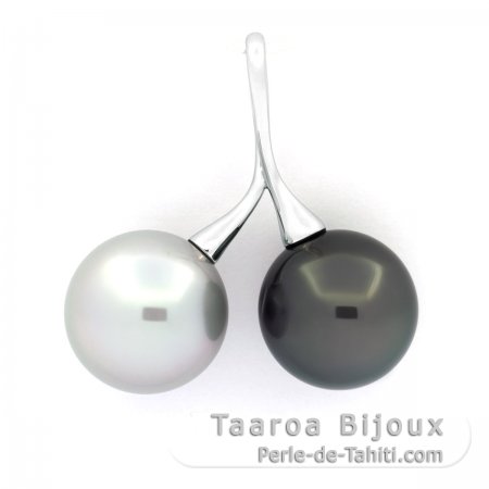 Rhodiated Sterling Silver Pendant and 2 Tahitian Pearls Round C 12.7 and 12.9 mm