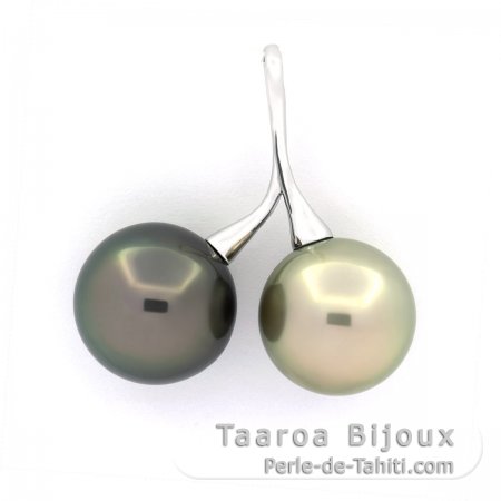 Rhodiated Sterling Silver Pendant and 2 Tahitian Pearls Round C 13.1 and 13.5 mm