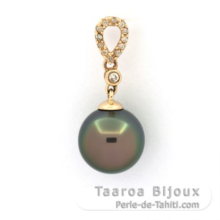 14K Solid Gold Pendant + 13 Diamonds and 1 Tahitian Pearl Round B 9.7 mm