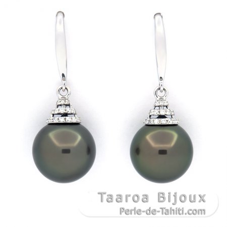 Rhodiated Sterling Silver Earrings and 2 Tahitian Pearls 1 Round & 1 Near-Round C 11.8 mm