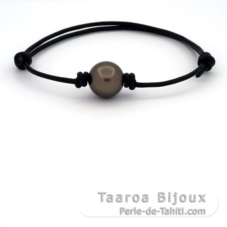 Leather Bracelet and 1 Tahitian Pearl Round C/D 12.5 mm