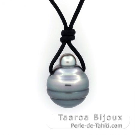 Kangaroo Leather Necklace and 1 Tahitian Pearl Ringed C 11.7 mm