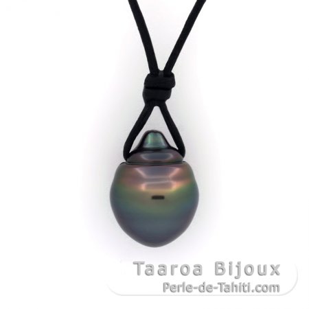 Leather Necklace and 1 Tahitian Pearl Ringed B 10.9 mm