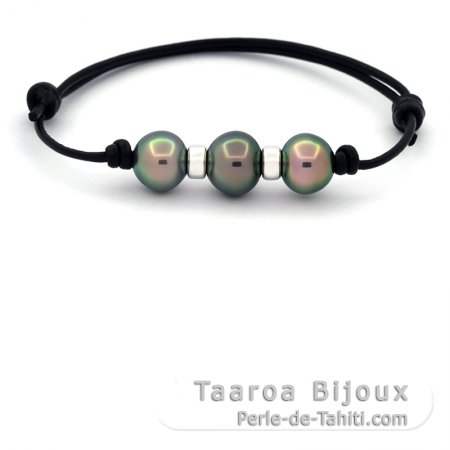Leather Bracelet and 3 Tahitian Pearls Semi-Baroque C from 10.6 to 11.2 mm