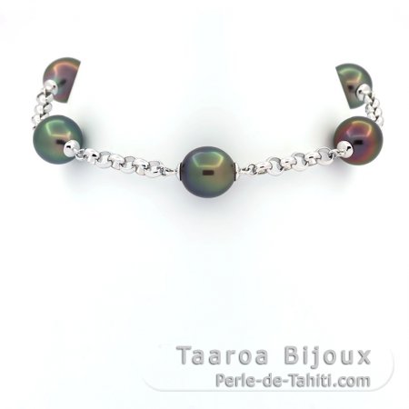 Rhodiated Sterling Silver Bracelet and 5 Tahitian Pearls Semi-Baroque A from 9.7 to 10 mm