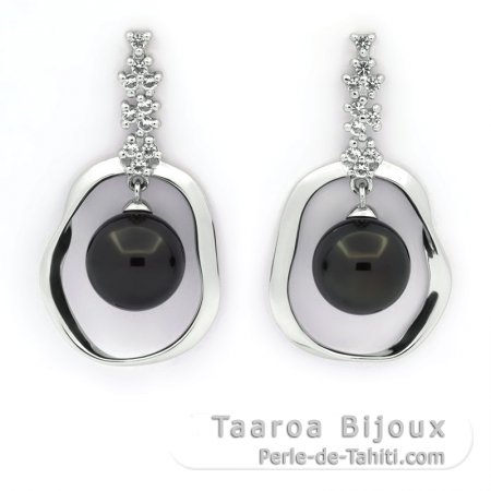 Rhodiated Sterling Silver Earrings and 2 Tahitian Pearls 1 Round & 1 Near-Round C 9.6 and 9.7 mm