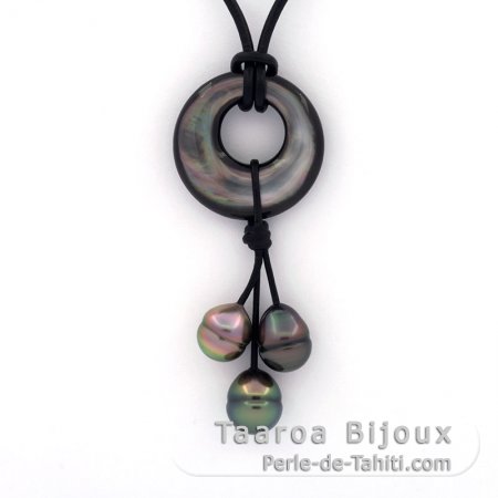 Leather Necklace and 3 Tahitian Pearls Ringed B from 8.9 to 9.4 mm