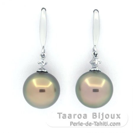 Rhodiated Sterling Silver Earrings and 2 Tahitian Pearls Round C 9.8 mm