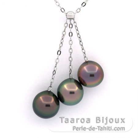 Rhodiated Sterling Silver Necklace and 3 Tahitian Pearls Semi-Baroque B from 9.1 to 9.4 mm