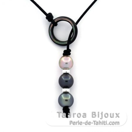 Leather Necklace and 3 Tahitian Pearls Semi Baroque C from 9.2 to 10.3 mm Taaroa Bijoux Mataiea French Polynesia