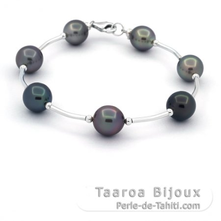 Rhodiated Sterling Silver Bracelet and 7 Tahitian Pearls Semi-Baroque C from 8.9 to 9.4 mm