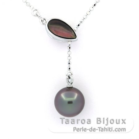 Rhodiated Sterling Silver Necklace and 1 Tahitian Pearl Round B 9 mm