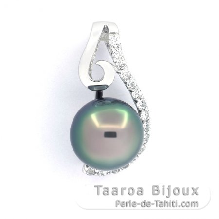 Rhodiated Sterling Silver Pendant and 1 Tahitian Pearl Round C 8.8 mm