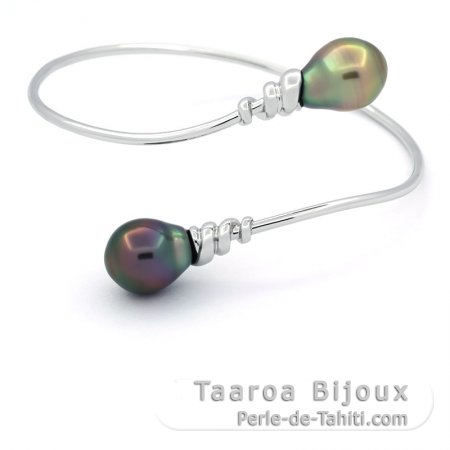 Rhodiated Sterling Silver Bracelet and 2 Tahitian Pearls Semi-Baroque B+ 10.6 and 10.8 mm