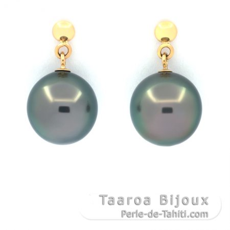 18k solid Gold Earrings and 2 Tahitian Pearls Near-Round 1 A & 1 B 9.1 mm