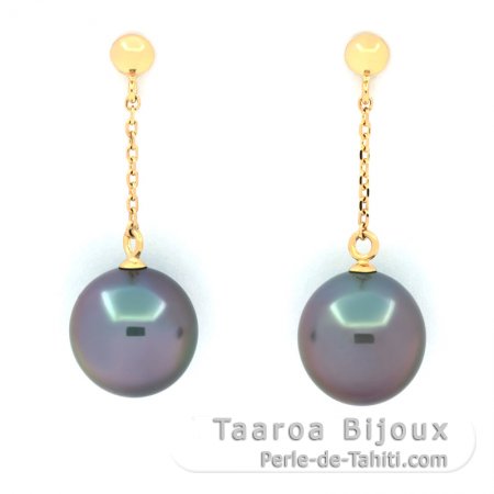 18k solid Gold Earrings and 2 Tahitian Pearls Near-Round A 9 mm