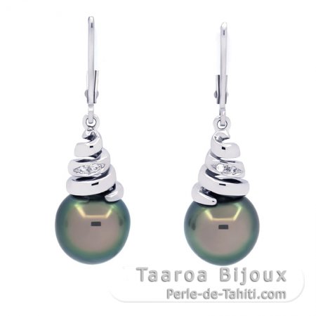Rhodiated Sterling Silver Earrings and 2 Tahitian Pearls Semi-Baroque B 9.5 mm