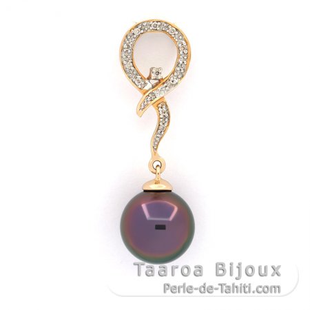 14K Solid Gold Pendant + 13 Diamonds and 1 Tahitian Pearl Round B 9.4 mm