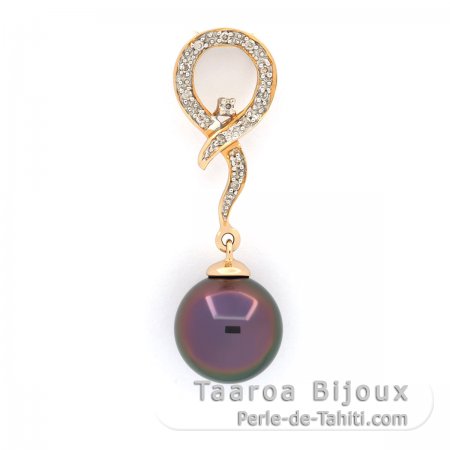 14K Solid Gold Pendant + 13 Diamonds and 1 Tahitian Pearl Round B 9.4 mm