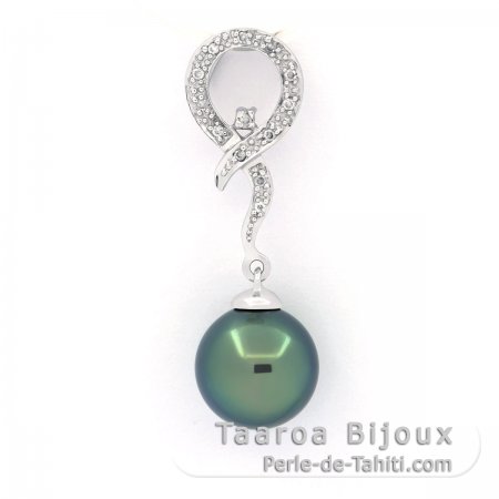 Pingente em Ouro branco 14K + 13 Diamantes e 1 Prola do Tahiti Redonda B 9.4 mm