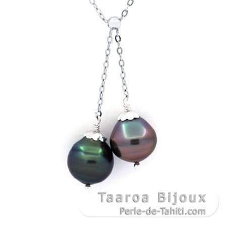 Rhodiated Sterling Silver Necklace and 2 Tahitian Pearls Ringed B/C from 10.6 to 10.8 mm