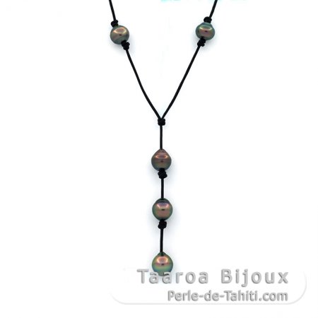 Leather Necklace and 5 Tahitian Pearls Ringed B/C from 9.4 to 9.8 mm