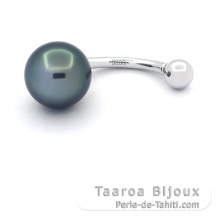 Rhodiated Sterling Silver Piercing and 1 Tahitian Pearl Near-Round B/C 9 mm