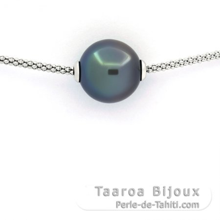 Rhodiated Sterling Silver Necklace and 1 Tahitian Pearl Semi-Baroque B 12.7 mm