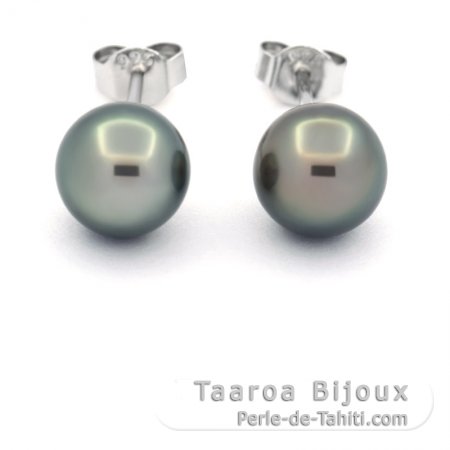 Rhodiated Sterling Silver Earrings and 2 Tahitian Pearls Round C 8.3 mm