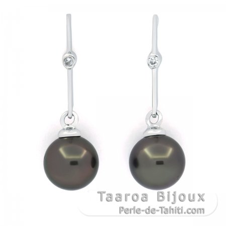 Rhodiated Sterling Silver Earrings and 2 Tahitian Pearls Round C 8.1 mm