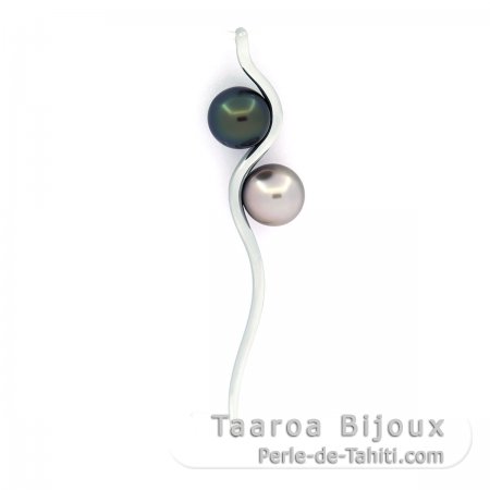 Rhodiated Sterling Silver Pendant and 2 Tahitian Pearls Round C 8 mm