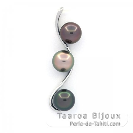 Rhodiated Sterling Silver Pendant and 3 Tahitian Pearls Round B/C 8.2 mm