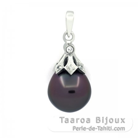Rhodiated Sterling Silver Pendant and 1 Tahitian Pearl Semi-Baroque B 9.3 mm