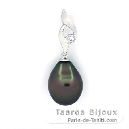 Rhodiated Sterling Silver Pendant and 1 Tahitian Pearl Semi-Baroque B 11 mm
