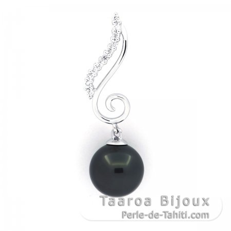 Rhodiated Sterling Silver Pendant and 1 Tahitian Pearl Round C 9.5 mm