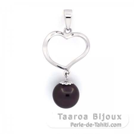 Rhodiated Sterling Silver Pendant and 1 Tahitian Pearl Round C 8.5 mm