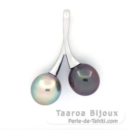 Rhodiated Sterling Silver Pendant and 2 Tahitian Pearls Semi-Baroque B 9.2 mm