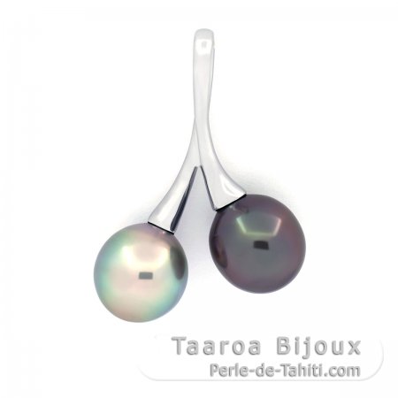 Rhodiated Sterling Silver Pendant and 2 Tahitian Pearls Semi-Baroque B 9.2 mm