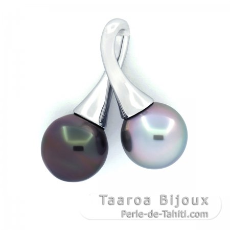 Rhodiated Sterling Silver Pendant and 2 Tahitian Pearls Semi-Baroque B 10.9 mm