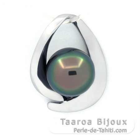Rhodiated Sterling Silver Pendant and 1 Tahitian Pearl Semi-Baroque C 10.3 mm