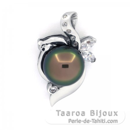 Rhodiated Sterling Silver Pendant and 1 Tahitian Pearl Semi-Baroque C 10.4 mm