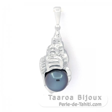 Rhodiated Sterling Silver Pendant and 1 Tahitian Pearl Round C 8.2 mm