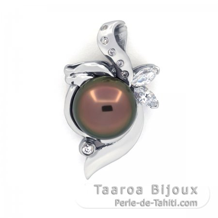 Rhodiated Sterling Silver Pendant and 1 Tahitian Pearl Semi-Baroque C 9.9 mm